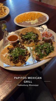 Steak Tacos with side of rice & beans