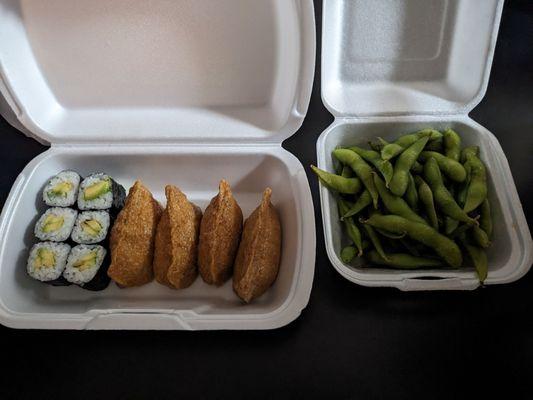 Avocado roll, inari, and edamame.