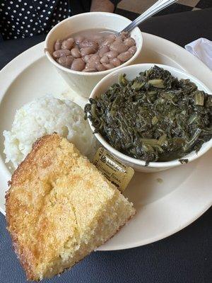 Pinto Beans, Cornbread, Mashed Potatoes and Greens.