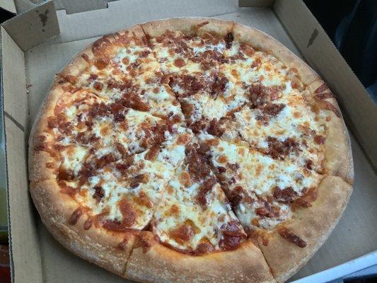 Medium (pepperoni and bacon) part of the 2 medium, 2 toppings deal for $20.99.