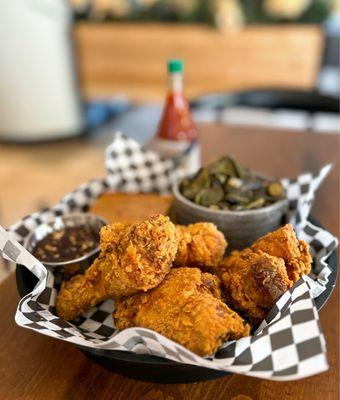 Fried Chicken ($4.50 per piece), Collard Greens (Small-$6.25), Brown Butter Cornbread ($4), Hot Honey ($3)