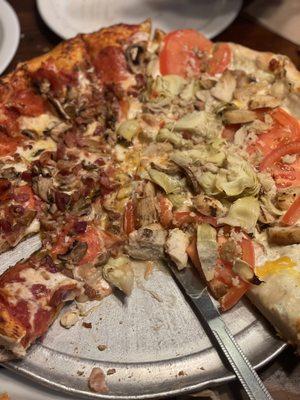 1/2 Garlic Chicken 1/2 pepperoni, mushrooms, bacon