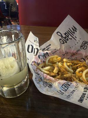 House Margarita (Frozen) and Curly Fries Basket (extra seasoning )