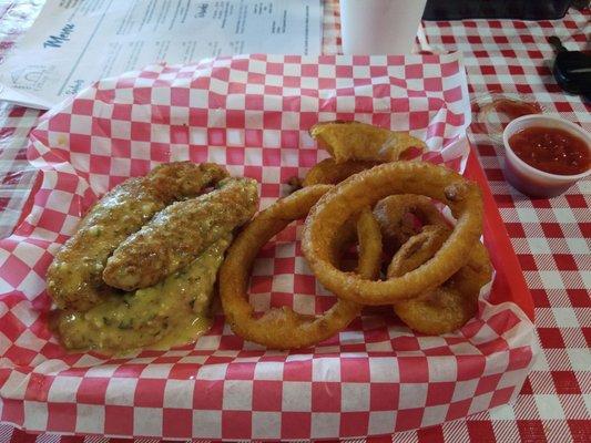 Chicken strips and onion rings