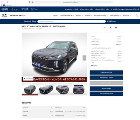 Here is a snapshot of their website, over a week after our visit, with the dealership still showing this as a NEW vehicle.