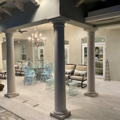 Our Contemporary design cast stone columns used to frame the back patio, an elegant touch.