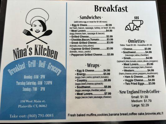 Breakfast menu