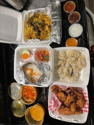 Top left: Aloo Gobi Curry, CHICKEN BIRYANI Bottom left: chicken wings, Chicken Momo