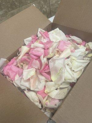 Rose petals to toss. These were promised to be individually boxed up, they weren't and they also were pink & my wedding had NO pink.