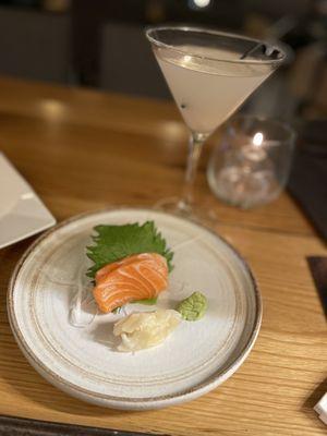 Salmon sashimi and lychee martini