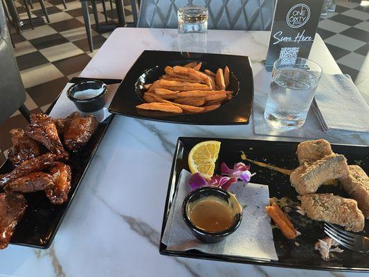 Sweet Potatoes fries, Salmon bites, Bourbon wings