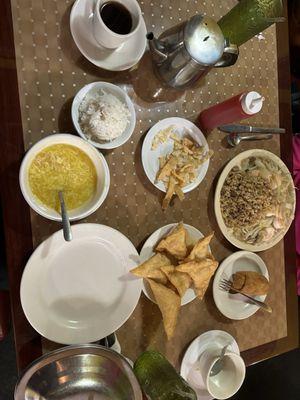 Cashew Shrimp, Shrimp chop suey with crab Rangoon's, Egg drop soup and hot tea.