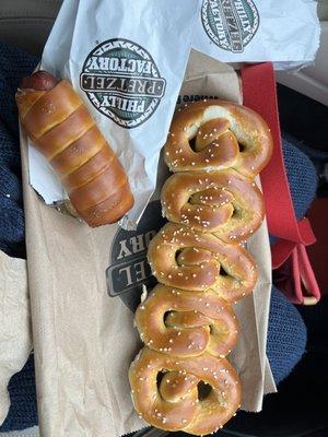 Spicy hotdog and regular pretzels