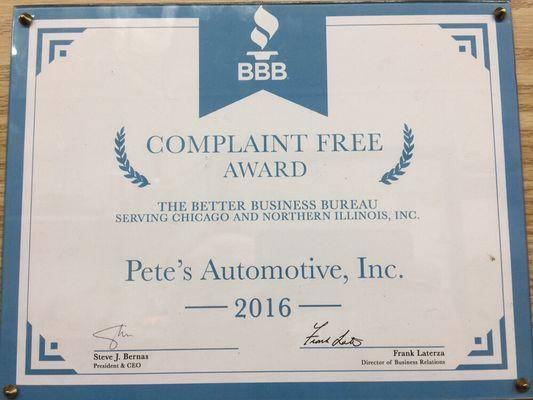 Our 2016 BBB Complaint Free Award