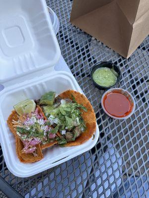 Carne Asada and Chicken Tinga street tacos