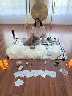 Lisa's set up for her Reiki Soundbaths 6-7pm every Monday