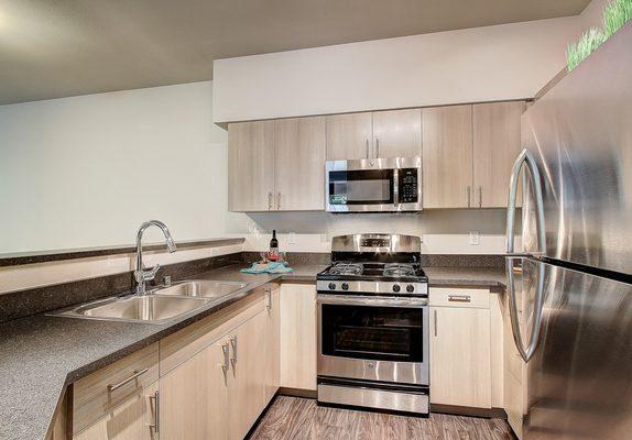 Staged kitchen with hardwood style flooring, stainless steel appliances, and quartz countertops.