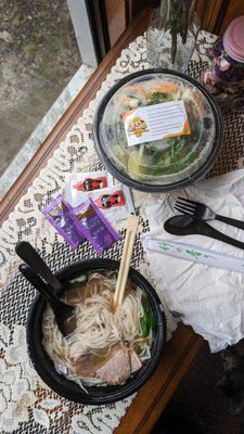 My husband and I's pho; one has the broth added and combined, and the other is still in the same condition it was picked up in.