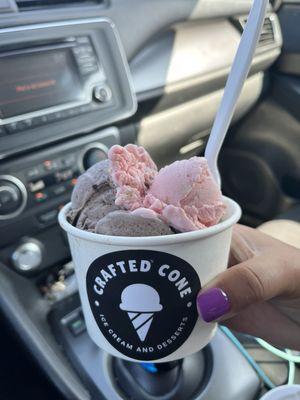 Mint chocolate chip, cookies n cream, and strawberry shortcake mini scoop on top.