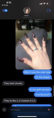 Texts between my friend and I, her opinion on the nails