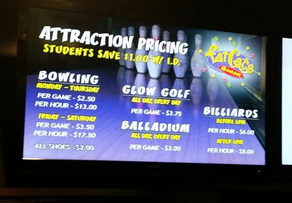 Sign shows $2.50 per bowling game and we were charged $3.00 per game.