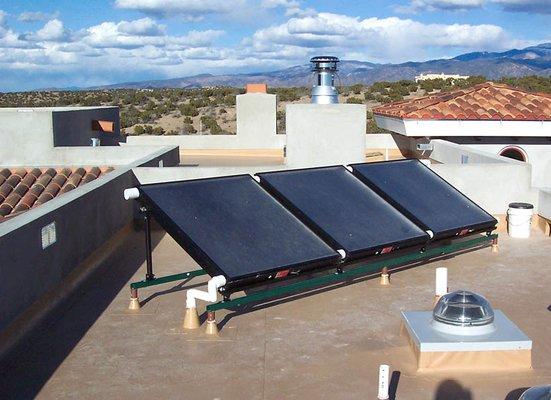 The solar hot water system pictured is installed on a home which appeared in the  Parade of Homes Tour in Santa Fe, New Mexico.