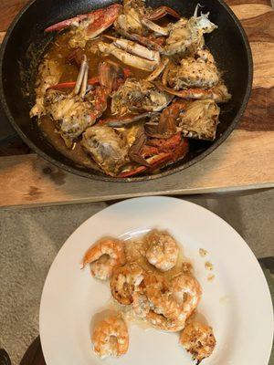 Blue crab. Giant tiger shrimp.  Cooked at home.