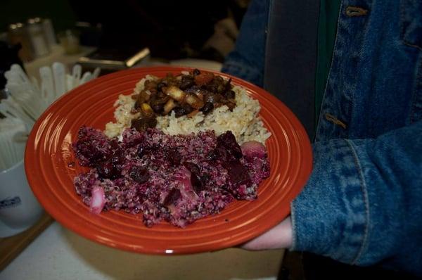 Rad beets bowl and stew over rice at the Grand Opening event