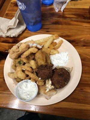 Catfish, shrimp, French fries, hush puppies