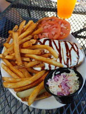 Delicious huge grilled chicken "caprese" sammie.... Cole slaw was basic, but everything else was hot, crispy and awesome!!!