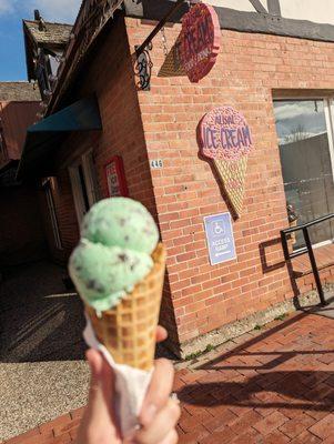 1 Scoop Mint Chip w/ Waffle Cone - $6.41 (including tax, 3/2023) Also, please excuse the out of focus ice cream!!