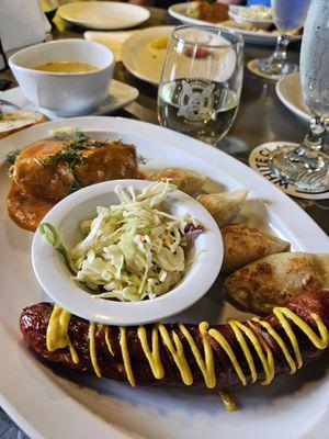 Sampler plate. Kielbasa, Pierogis,  Stuffed Cabbage.