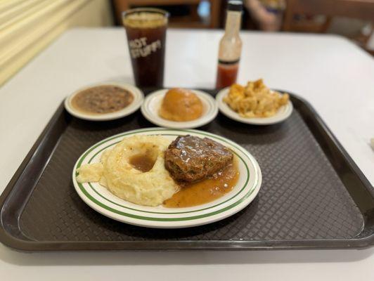 Meat loaf mashed potatoes black eyed peas macaroni and cheese biscuit homemade hot sauce