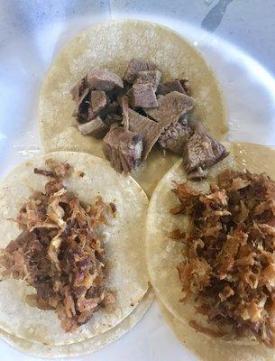 Lengua on top, carnitas below