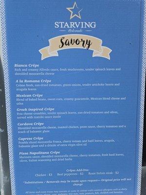 Menu of savory crepes