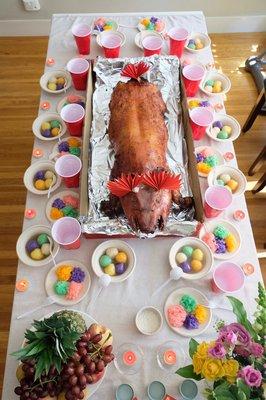 Whole roast suckling pig. The mochi and sticky rice surrounding it were homemade, and not from a restaurant.