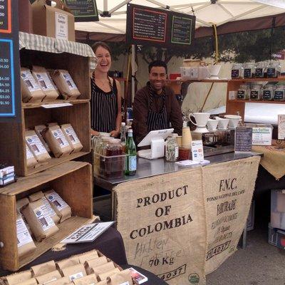 Our Farmer's market booth with Taylor & Darrell, the Hidden Fortress lead Baristas.