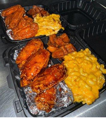 Fried Teriyaki wings Mac n Cheese and Candy Yams