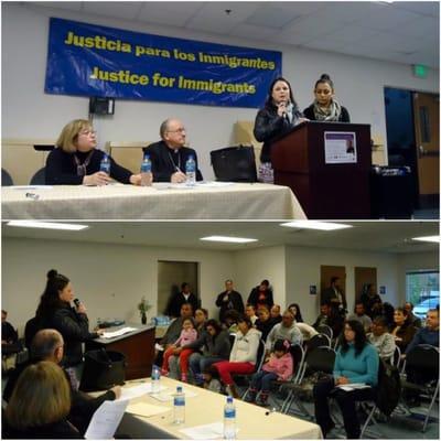 Attorney Hadley Bajramovic speaking at a Justice for Immigrants meeting