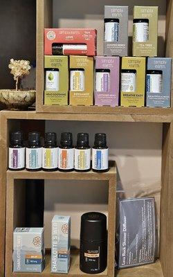 We offer essential oils, pain creams and some diffusers. Stop by our office to take a look.