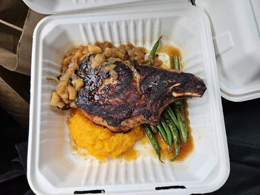 Cider Brined Pork Chop with butternut puree and green beans