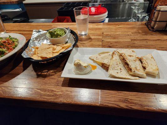 Chips and guac and Chipotle chicken quesadillas.