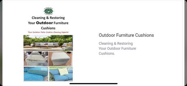 Cleaning & Restoring
Your Outdoor / Indoor Furniture
Cushions
Your Outdoor Patio Cushion Cleaning Experts!