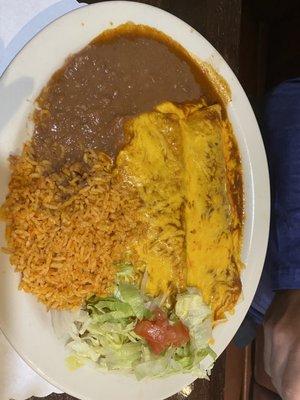 Shredded Beef Enchilada in Flour Tortilla with rice and bean