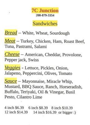 Sandwich menu