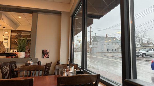 Gus's Diner inside window and tables