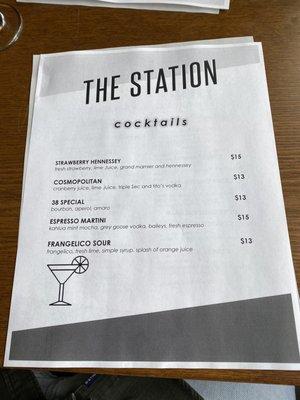 Specialty cocktails menu