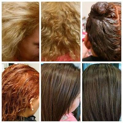 Deepening color from dehydrated blonde to rich brunette in one visit!