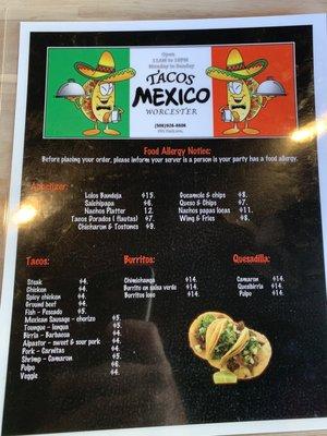 Front of menu