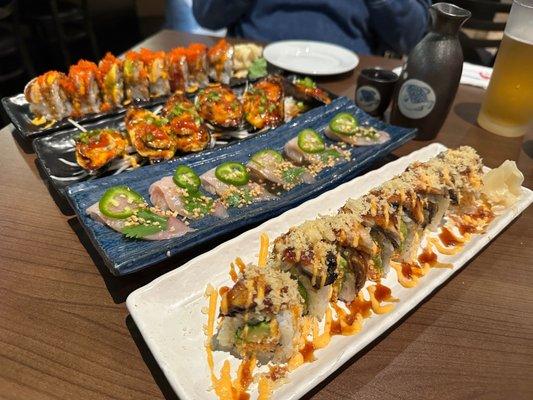 Destiny Roll, Hamachi, Fire Mussels, and Flaming Hot Roll